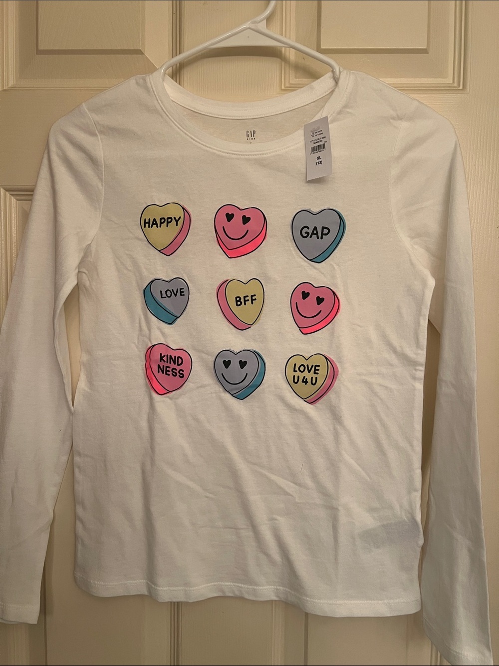 GAP White Long-Sleeve Tee with Pink, Yellow & Blue Heart Graphics